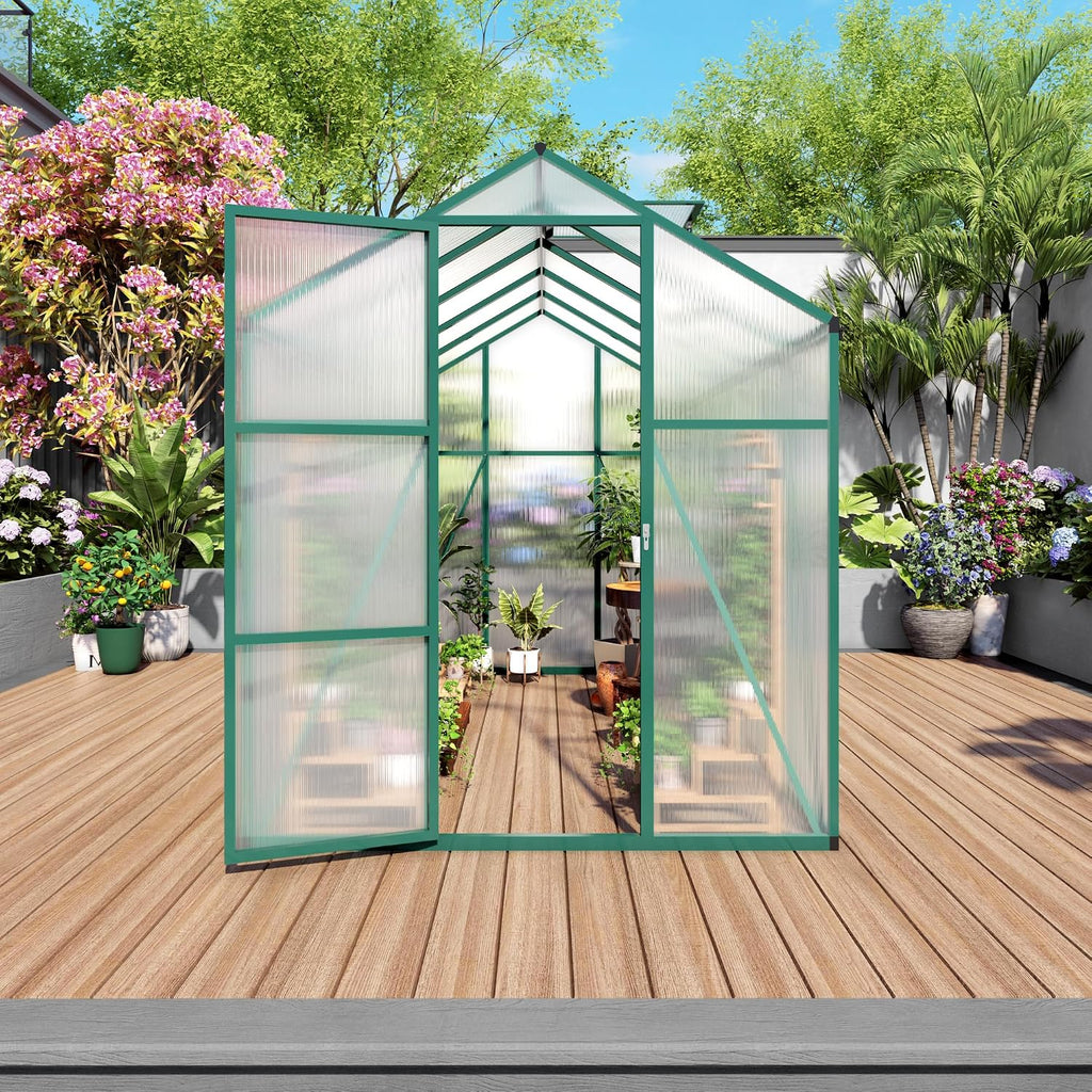 6x10 FT Outdoor Greenhouse, Large Aluminum Greenhouses with Roof Vent, Polycarbonate Greenhouse Raised Base and