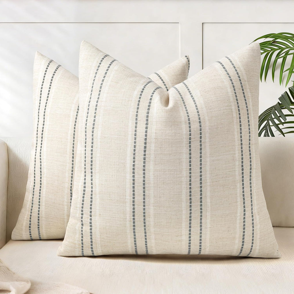 18x18 Decorative Farmhouse Linen Blend Throw Pillow Covers, Boho Textured Pillow Case, Set of 2, Beige with White &