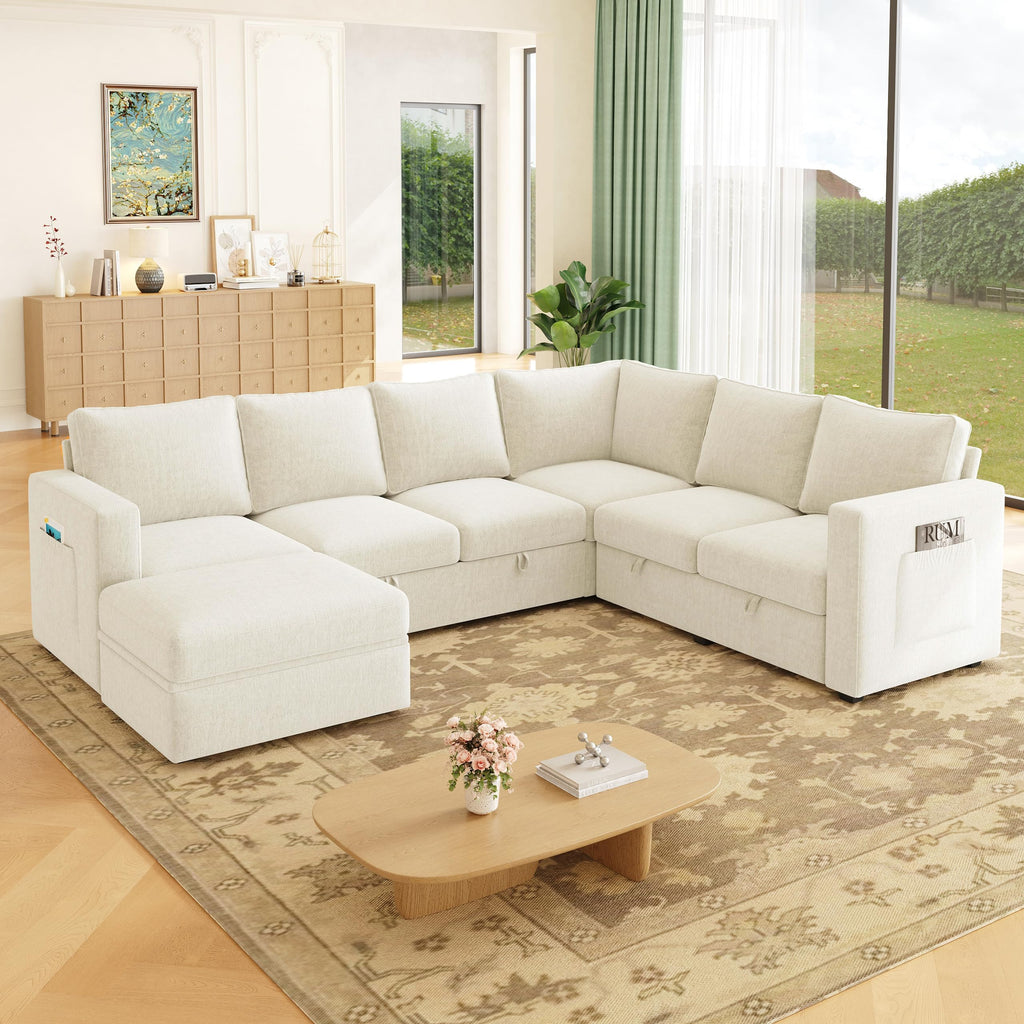 106.7" U-Shaped Modular Sectional Sofa with Pull-Out Bed & Storage, Modern 7-Seat Convertible Couch, Comfy L-Shape