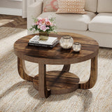 Round Coffee Table, 2-Tier Circle Coffee Table with Storage, Modern Wooden Accent Center Table, Thick Tabletop & Base