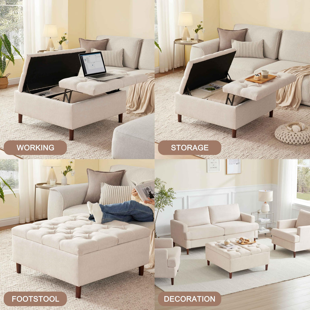 35" Large Storage Ottoman Coffee Table, Square Ottoman, Beige