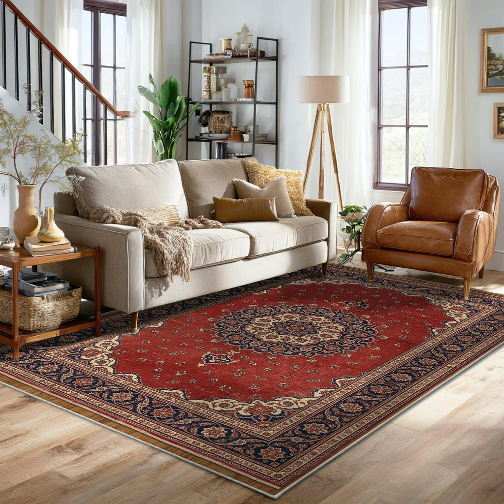 Medallion Area Rug, Traditional Vintage Floral Paisley None Red Low Pile Home Indoor Pattern Carpets Non Shedding