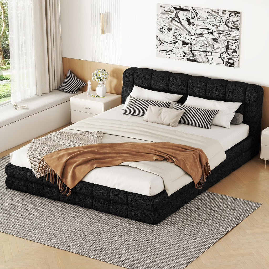 Queen Size Upholstered Platform Bed, Fleece Floor Bed with Tufted Headboard, Luxurious Low Profile Bed Frame with