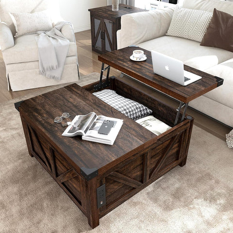 Farmhouse Lift Top Coffee Table with Storage, Wood Square Center Table with Charging Station&USB Port