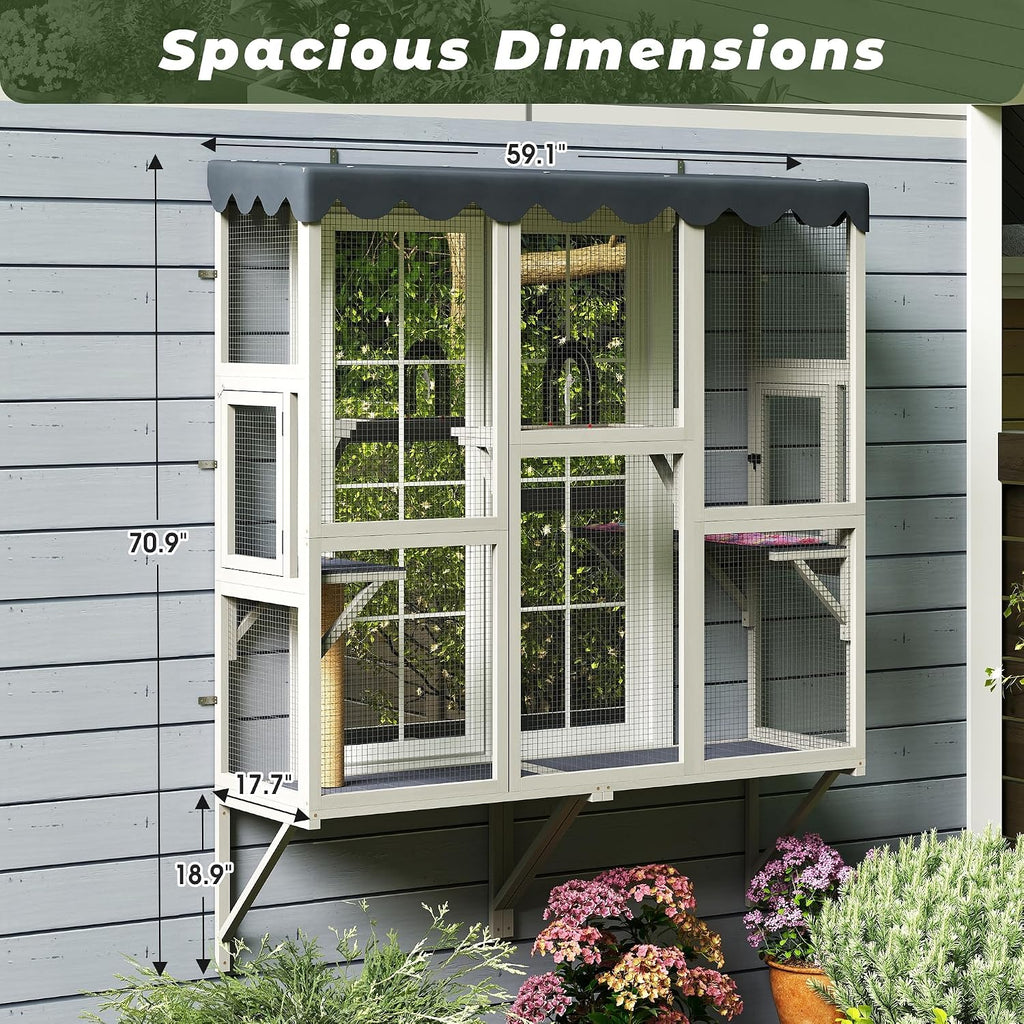 Window Cat Cage, 70.9" Tall Large Wooden Cat Enclosure with Multi-Level Perches, Escape-Proof Galvanized Mesh, Sturdy