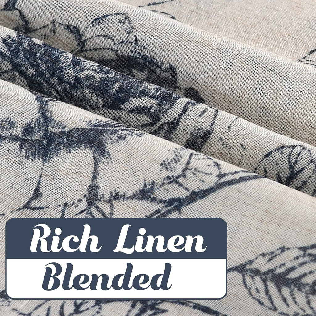 Boho Floral Linen Curtains, Semi Sheer Light Filtering Curtain, Drapes 108 Inch Length 2 Panels Set, Grommet