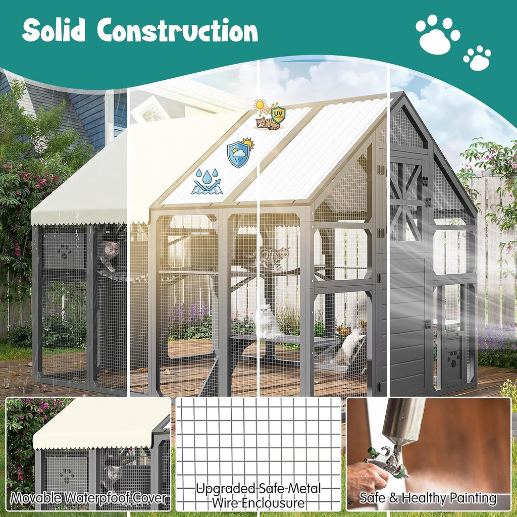 Extra Large Catio Outdoor Cat Enclosure, 94.5" Walk-in Cat House for Multiple Cats, 8 Platforms, PVC Cooling Roof