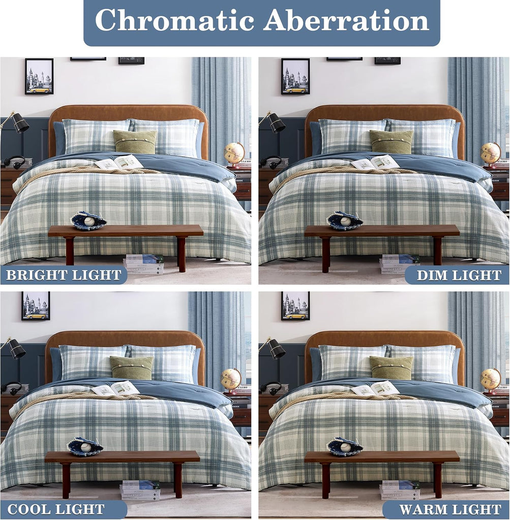 Full Comforter Sets, Blue Grey Plaid Bedding Set 7 Piece for Boys Girls Teen, Classic Homestead-Style Kids Comforter