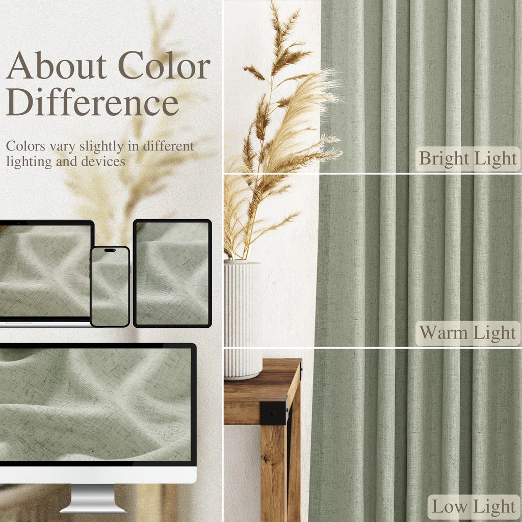 Sage Green Curtains 144 Inches Long 2 Panels Back Tab Rod Pocket Semi Sheer Linen Drapes Neutral Sage Decor Green
