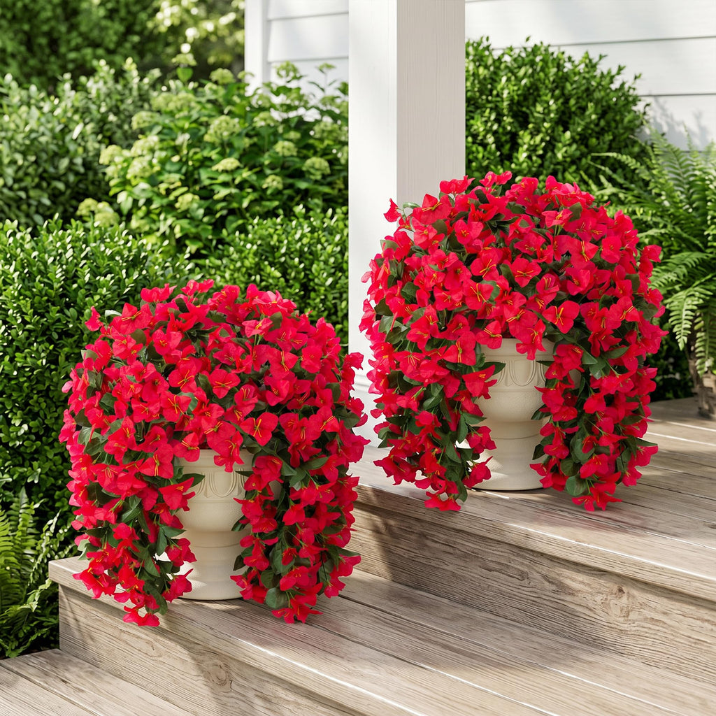 Faux Bougainvillea Artificial Flowers Plants for Outdoor Outside Decoration, 2 PCS Red Fake Flowers UV Resistant Look