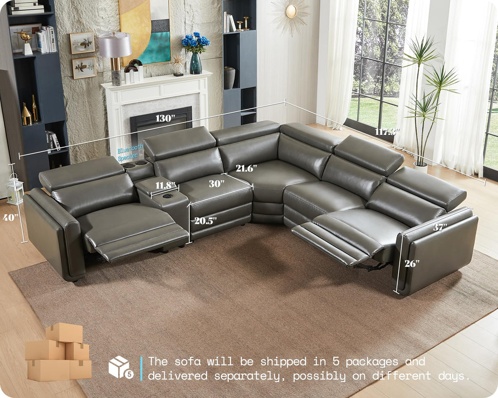Oversized Power Recliner Sectional Sofa, Leather Recliner Sofa, Dark Grey