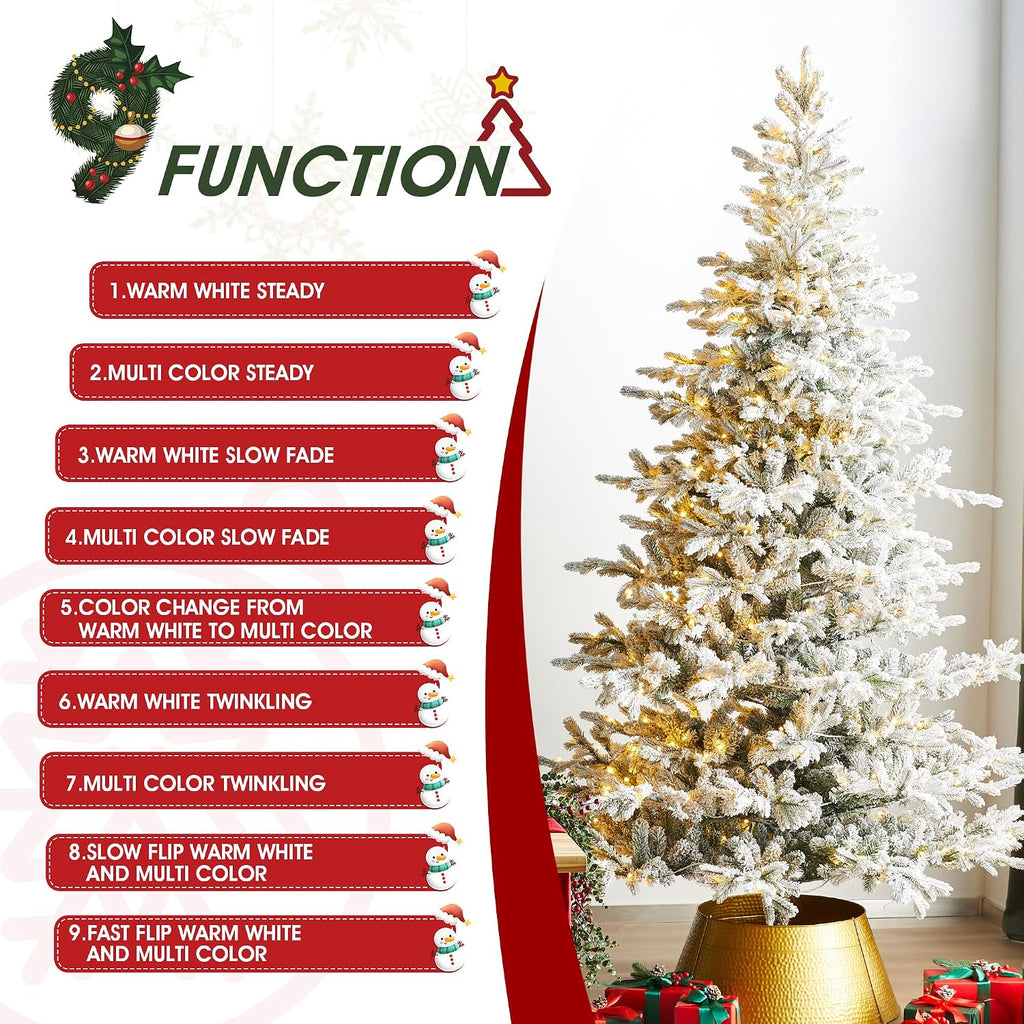 9ft Pre-Lit Artificial Christmas Tree Heavy Snow Flocked Full Christmas Fir Tree with Realistic PE/PVC Frosted