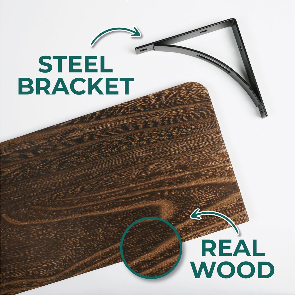 Reinforced Steel Bracket Brown Shelves for Wall - Easy to Install, Template and Video Included - Wall Mounted Rustic