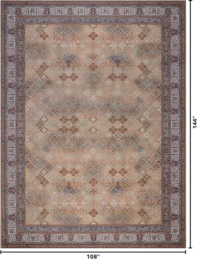 9x12 Large Area Rug, Machine Washable Area Rug with Non-Slip Backing, Vintage Style, Soft, Easy Clea