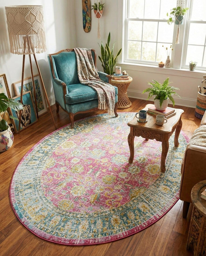 Paragon Rug - 5' Oval Pink Easy-Clean Rug - Vintage Floral Design s, Bedrooms, and Entryways