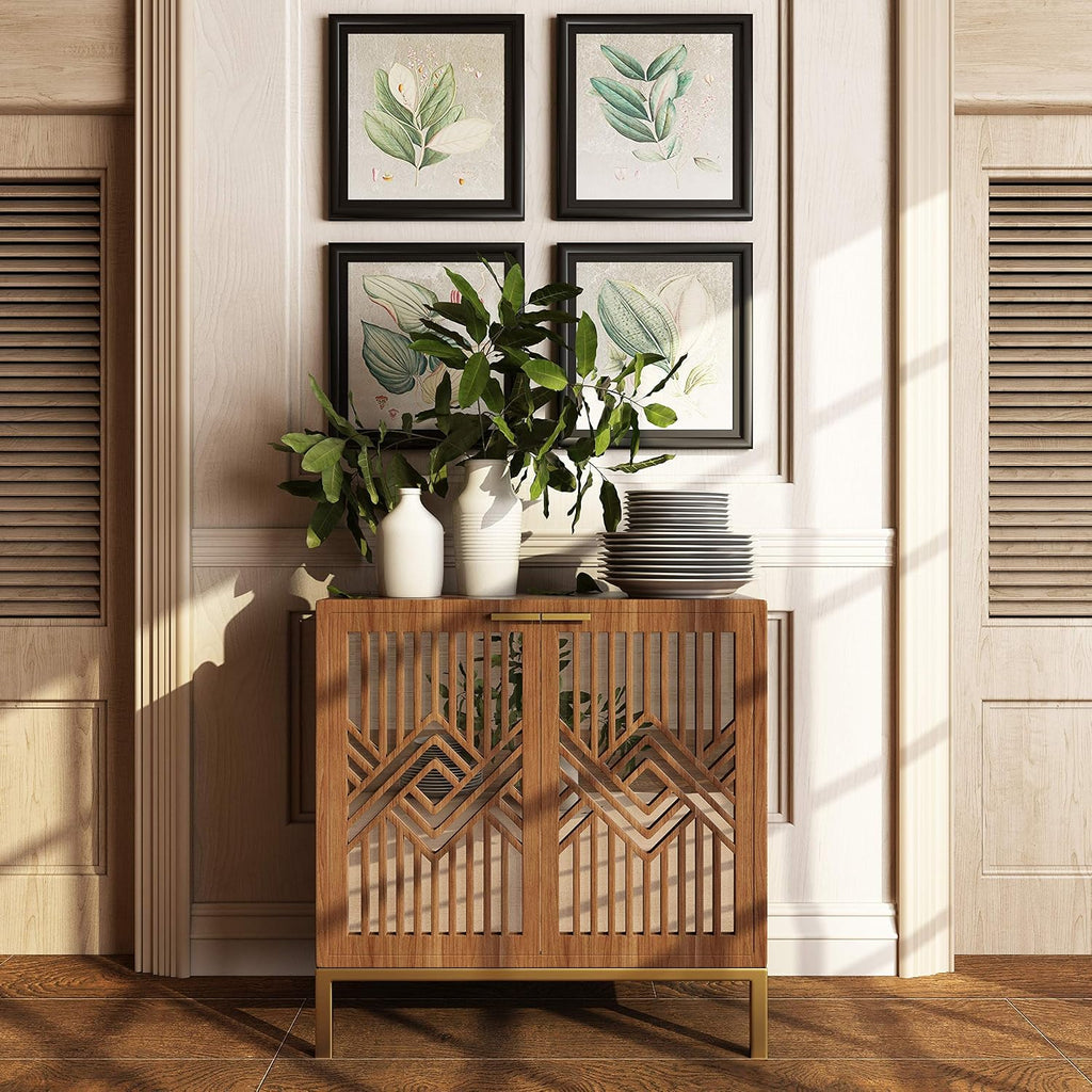 2 Door Accent Cabinet, Wood Sideboard Storage Furniture with Modern Geometric Mirror Front, Freestanding Home and