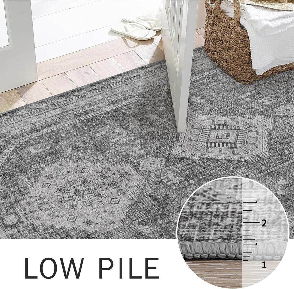 3x5 Vintage Area Rug, Machine Washable, Non Slip & Low Pile Lightweight for Living Room, Entryway, B