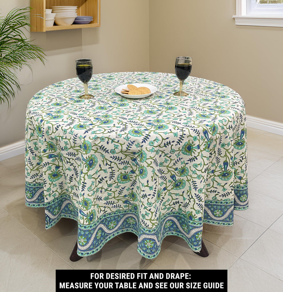Cotton Block Print Tablecloth Round 72 inch, Blue Green