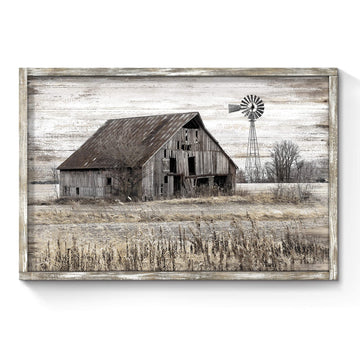 Large Vintage Farmhouse Windmill Framed Wood Wall Art 45"x30"