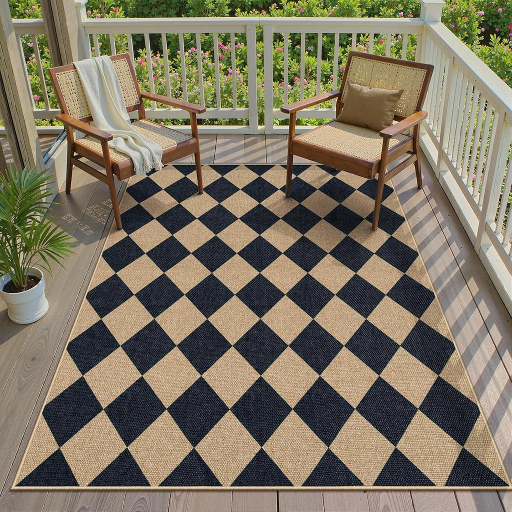 Checkered Easy Jute 5x7 Outdoor Rug, Black Washable Rugs 5x7 Neutral Indoor Outdoor Carpet, Non Slip Stain Resistant