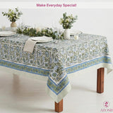 Clover Blue 100% Cotton Rectangle Fall Tablecloth, Handblock Floral Linen Table Cloth Dining Table I