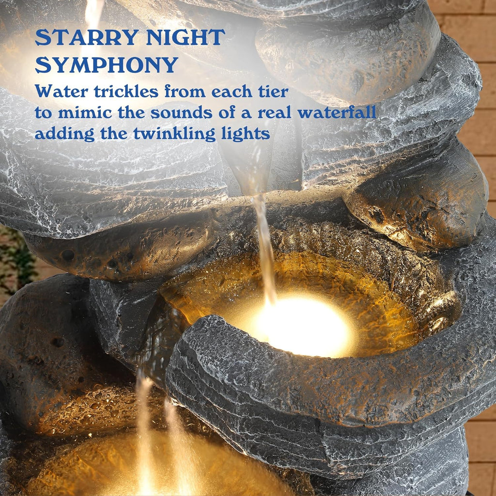 5-Tiers Cascading Rock Water Fountain Outdoor, Waterfalls Fountains | Garden Freestanding Resin Water Feature