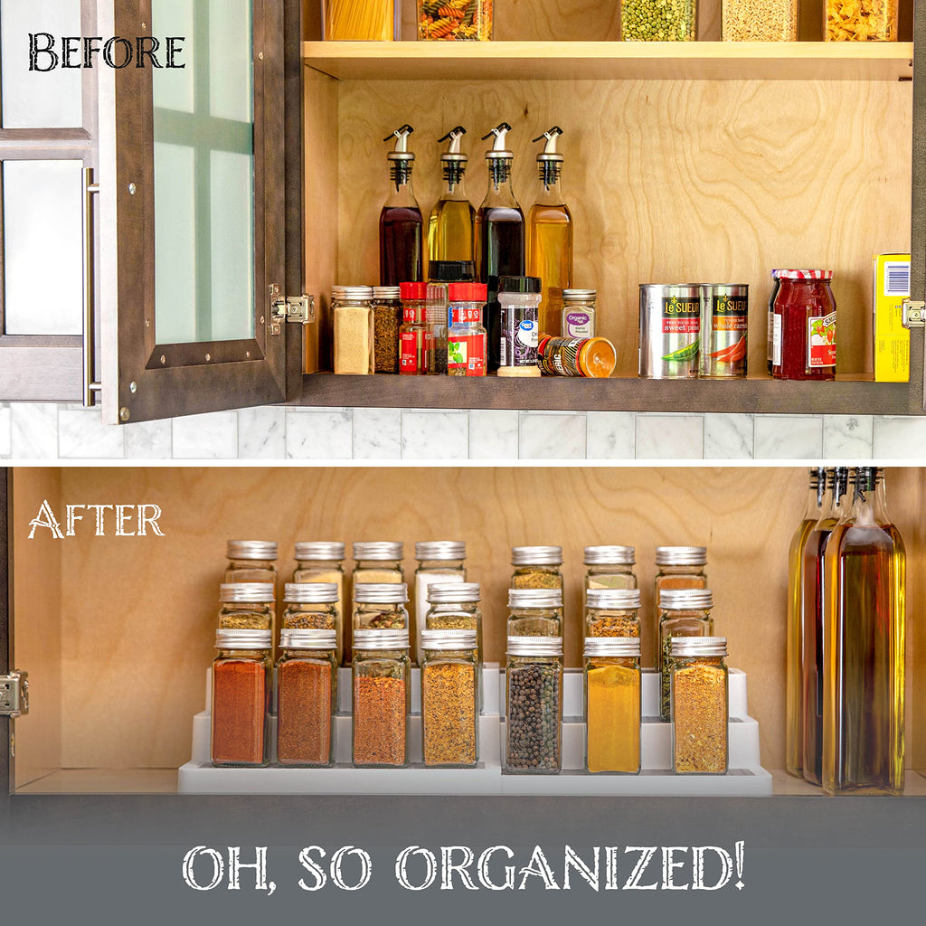 Plastic 3-Tier Expandable Spice Rack, Adjustable Length, Stability with Non-Skid Shelf, For Easy Visibility