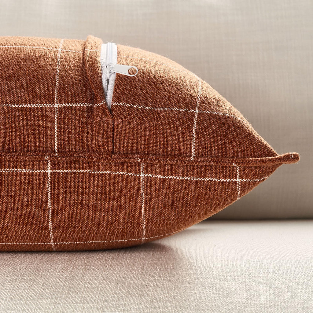 Terracotta Rust Plaid Boho Linen Woven Throw Pillow Covers 20x20 Set of 2