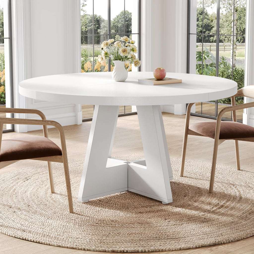Round Dining Table for 4-6 People, 47 Inches White Circle Dinner Kitchen Dining Room Table with Wooden Pedestal Base