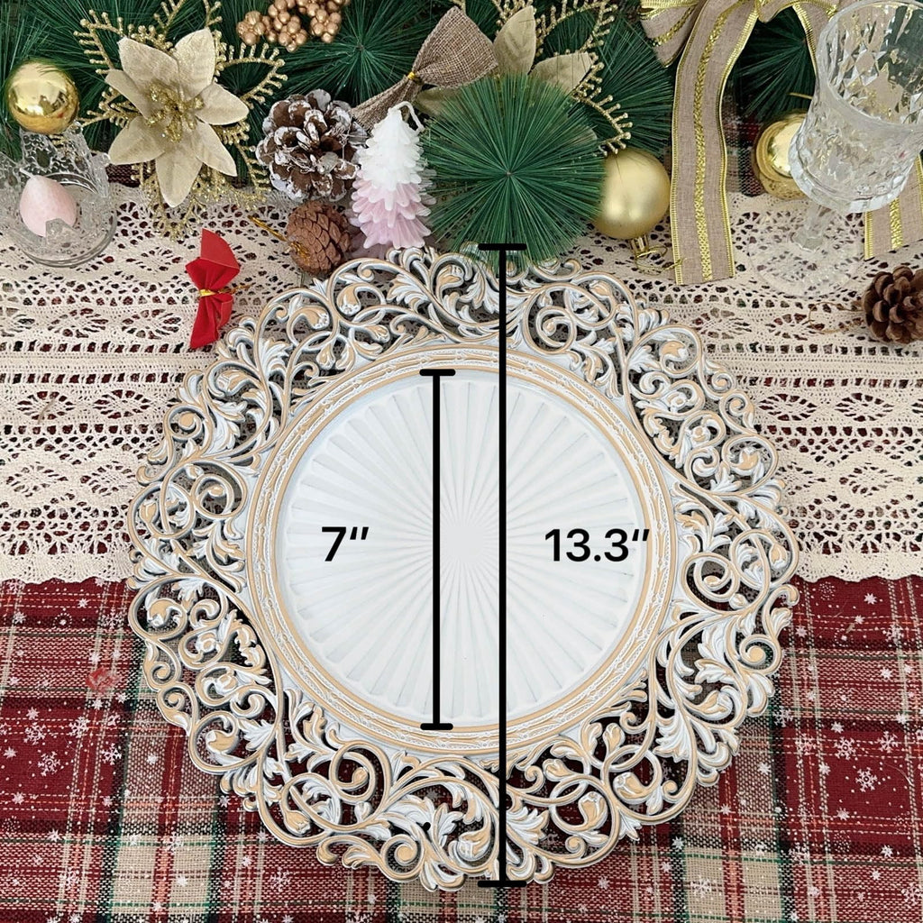 13inch Round Plastic Charger Plates, Set of 8, Charger Plates for Dinner, Wedding, Party, Event Decoration. (White gold