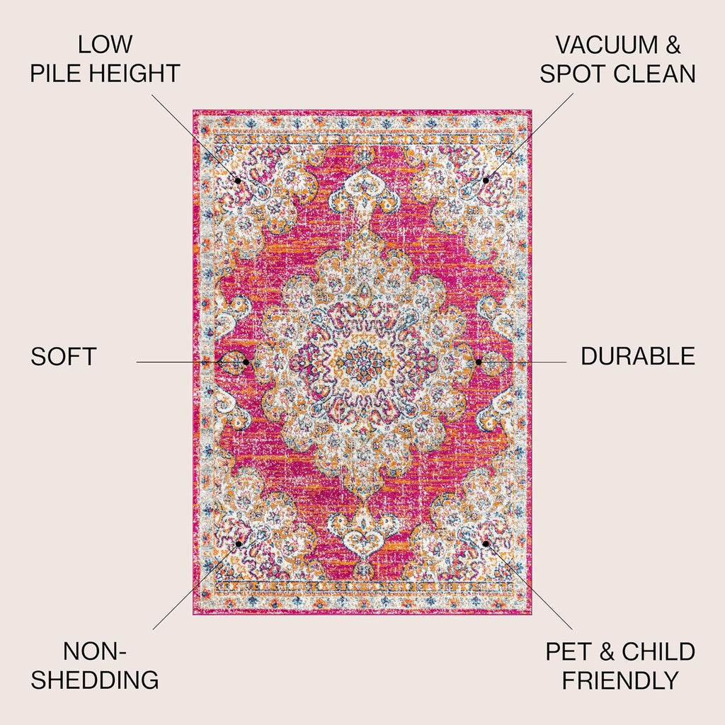Boho Vintage Pink/Cream Indoor Area Rug, Bohemian Flair Medallion, Chic, Floral, High Traffic, Pet Friendly