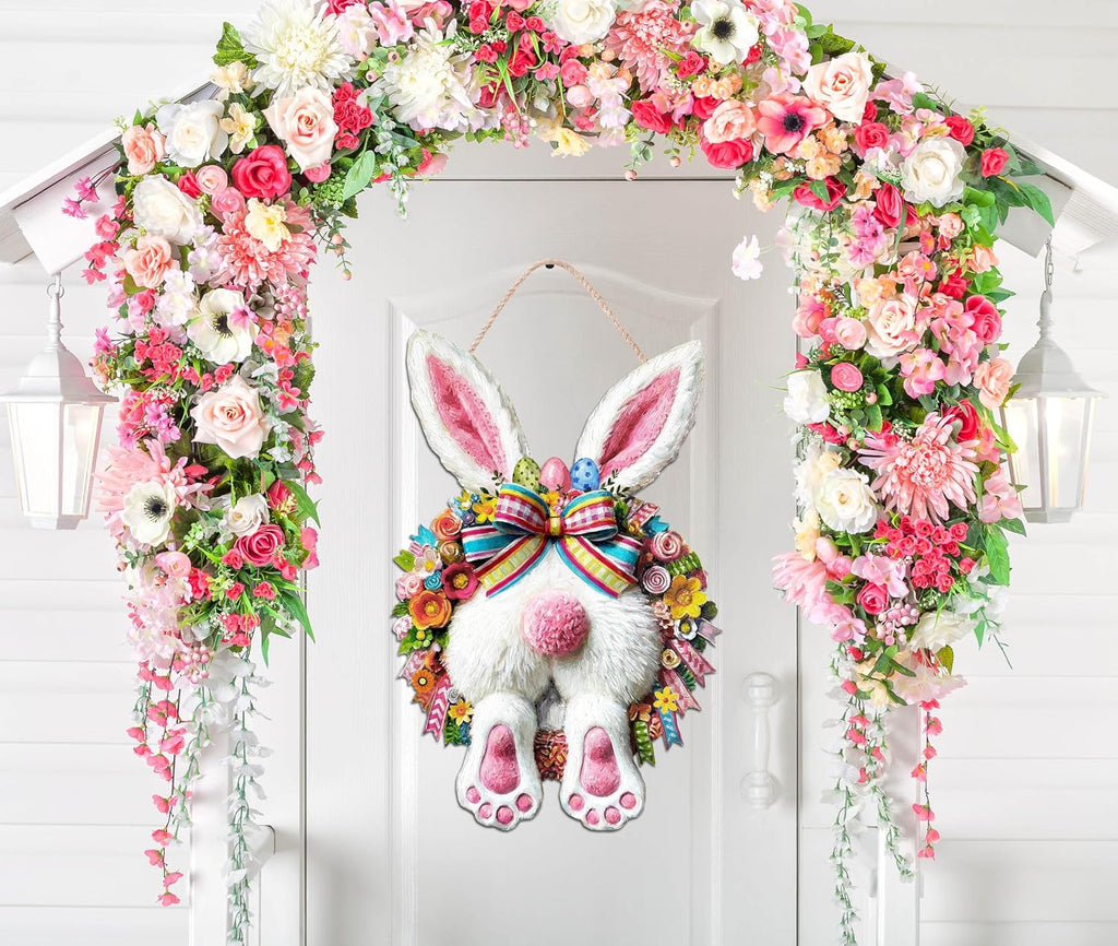 Easter Decoration Wooden Door Wreath for Front Door Sign Cute Bunny Wooden Door Hanger Rabbit Spring Decoration, Cute