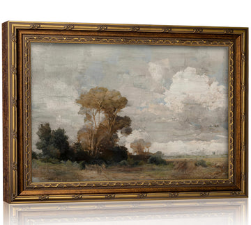 Vintage Gold Framed Landscape Wall Art Antique Cloudy Country Tree Painting