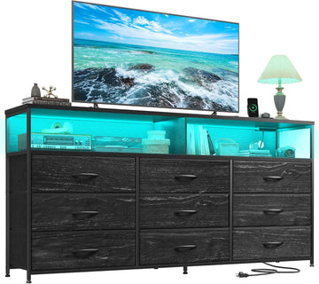 55" W Dresser with 9 Drawers LED, Power Outlets Fits 65" TV | TV Stand for 45, 55, 65 Inch TV Sturdy Long Chest of