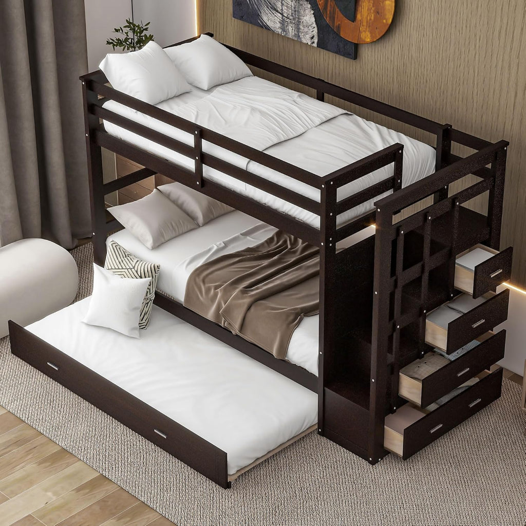 Twin Over Twin Bunk Bed with Stairs and Trundle, Wooden Bunk Bed Frame with Storage Staircase, Espresso
