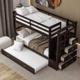 Twin Over Twin Bunk Bed with Stairs and Trundle, Wooden Bunk Bed Frame with Storage Staircase, Espresso