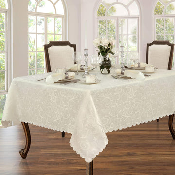 Portofino Scalloped Damask Fabric Tablecloth, 52 x 70 Inch Rectangle, Ivory, Wrinkle and Stain Resis