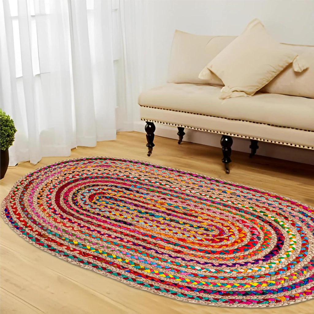 Oval Jute Cotton Chindi Rug 3x5 FT Multicolor Braided Floor Mat