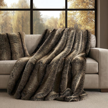 Luxury Faux Fur Throw Blanket, 50"x60", Ombré Sable Brown | Fluffy Faux Mink Blanket, Soft Cozy Plush, Thick Warm
