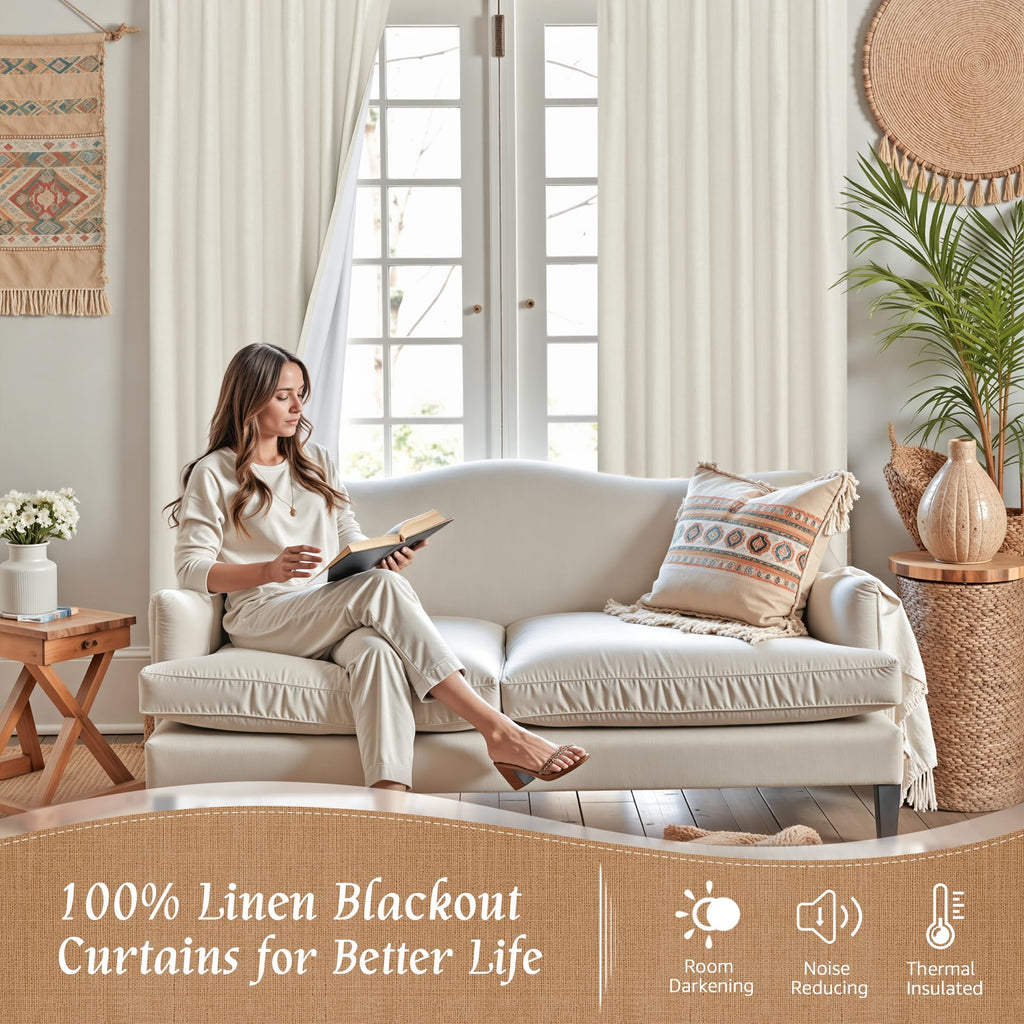 100% Blackout Natural Linen Bedroom Curtains 63 Inches Long, Ivory