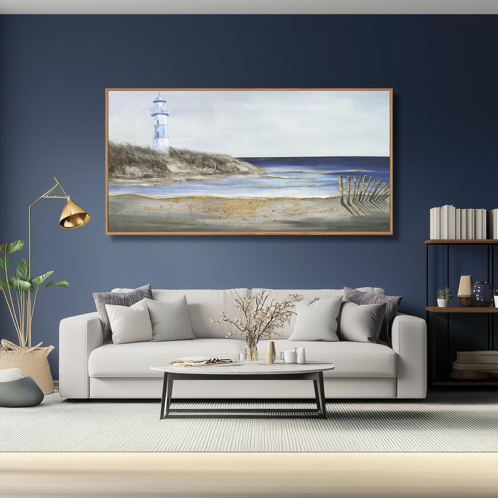 Coastal Wall Art Framed Wall Decor Blue and White Lighthouse Canvas Painting Modern Wall Hanging Artwork Bedroom