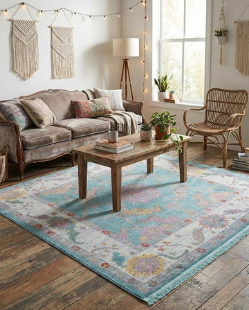 Paragon Rug - 5 Ft Square Aqua and Blue Easy-Clean Area Rug - Vintage Medallion Design s, Bedrooms, and Entryways