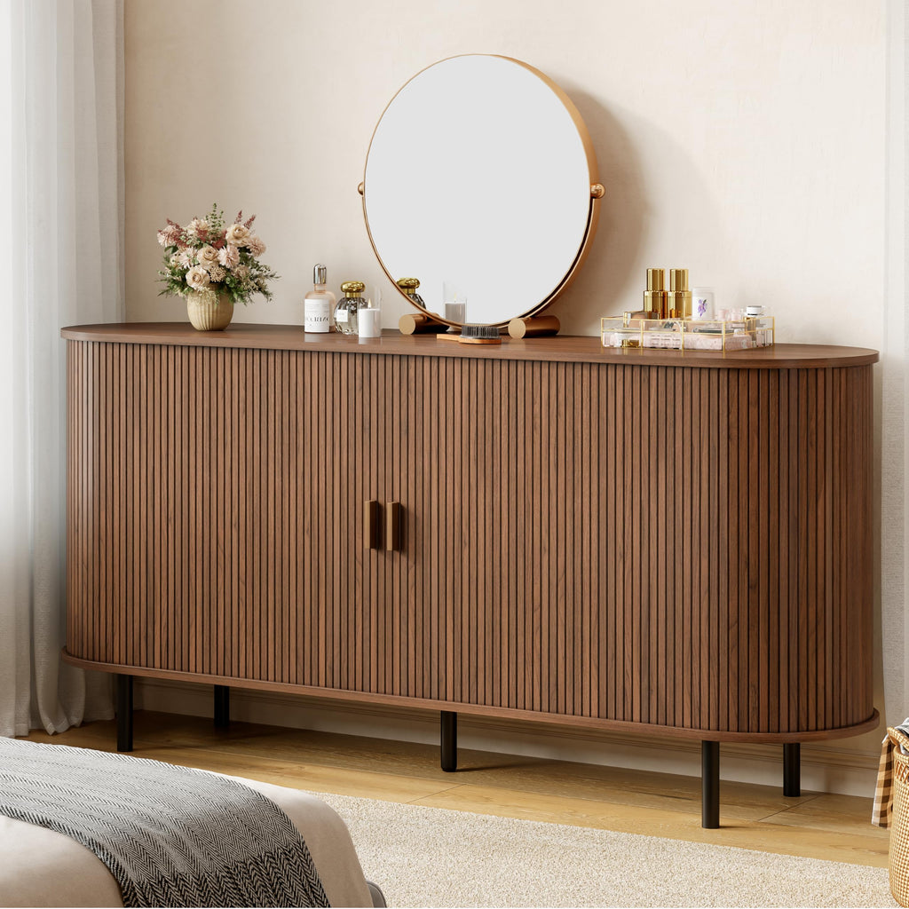 63" Fluted Buffet Sideboard Cabinet with Sliding Door, Walnut