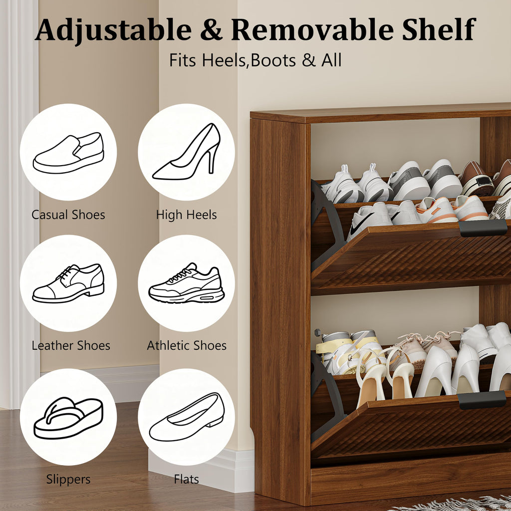 Fluted Shoe Storage Cabinet, 4 Flip Drawers, Walnut