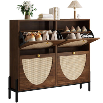 Rattan Shoe Cabinet Storage with 4 Flip Drawers, Walnut