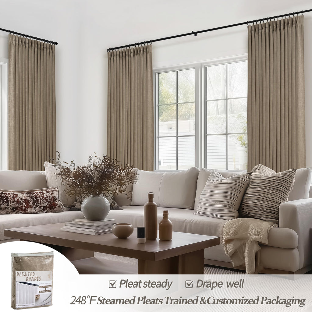 70 Inch Extra Wide Memory Trained Pinch Pleat Blackout Living Room Curtains 120 Inches Long, Linen Two Layer Thermal