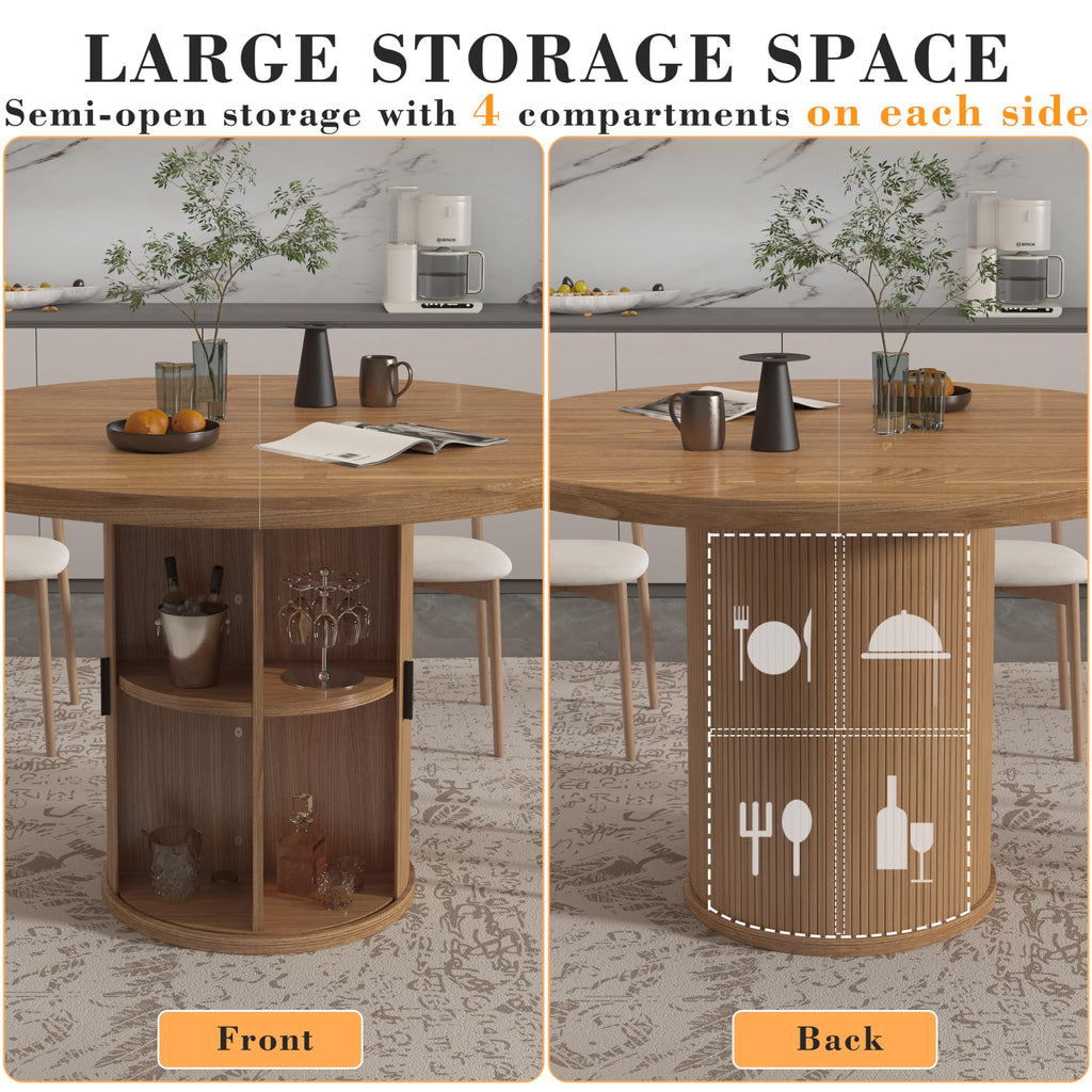 35.5'' Round Dining Table for 2-4, Small Dining Table with Storage Shelf, Modern Fluted Dining Room Table, Wood Base
