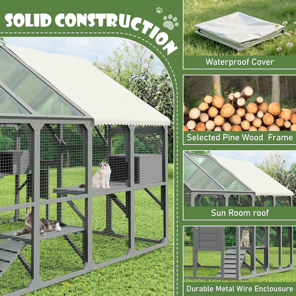 Extra Large Catio Outdoor Cat Enclosure for Multiple Cats, Walk-in Wooden Catio with 7 Platforms, 2 Resting Boxes