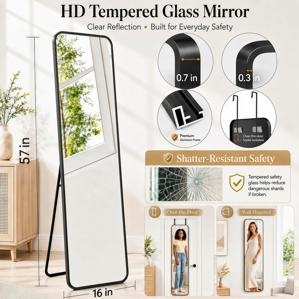 57x16" Full Length Mirror Floor Stand, Over the Door, Wall Mounted Black