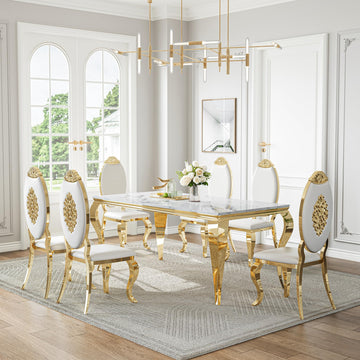 Modern Marble Dining Table Set of 7, 70" Faux Marble Kitchen Table with 6 Leather Upholstered Chairs, White Marble